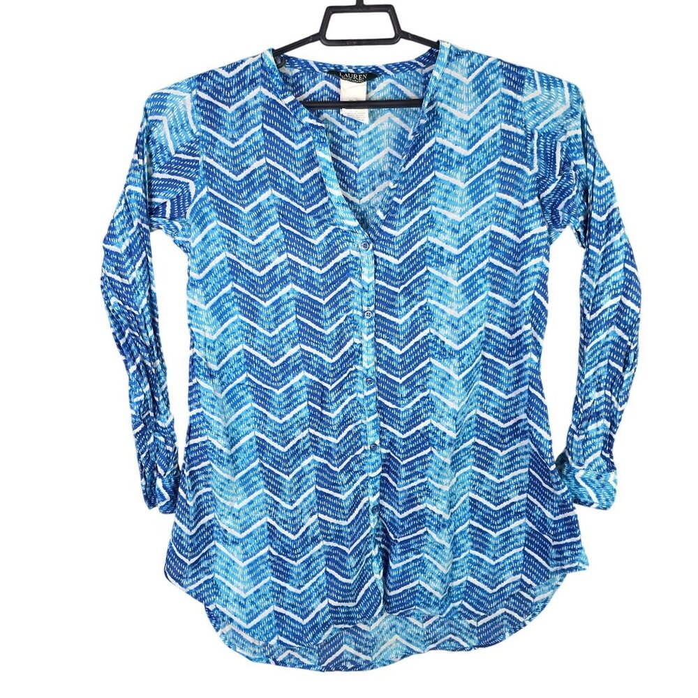 Womens Lauren Ralph Lauren Blue Chevron Blouse Button Down V Neck Long Sleeve S